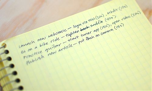 todo list items on yellow paper, with timing